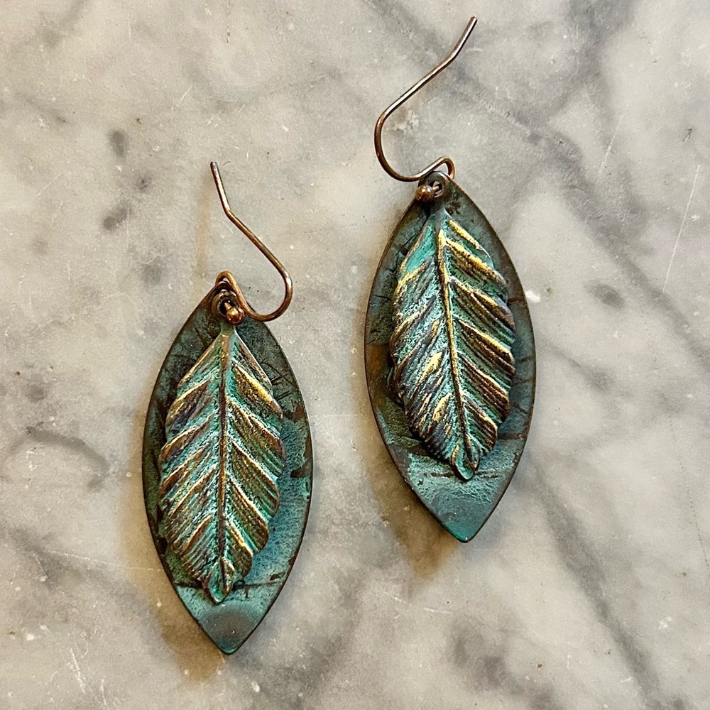 Leaf Patina Design Dangle Earrings
